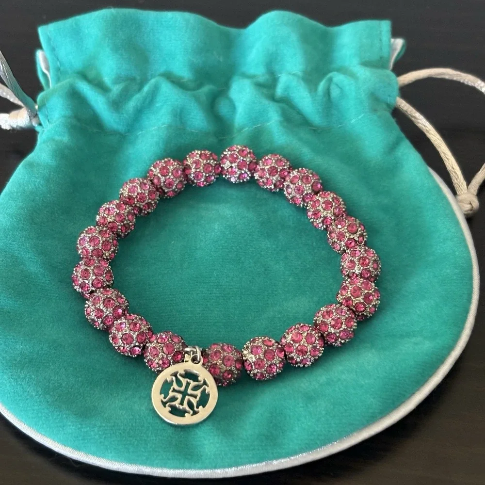 Rustic Cuff Pink Emerson Stretch‎ Bracelet Sparkly Beads Silvertone Logo Charm